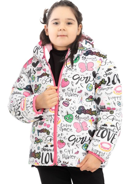 Outriver Kids Kız Çocuk Içi Polarlı Kürklü Kapüşonlu Girls Yazılı Kelebek Desenli Kışlık Şişme Mont