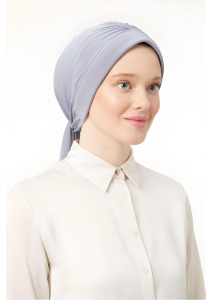 Kadın Tesettür Dubai Arkadan Bağlamalı Bone Şal Açık Gri