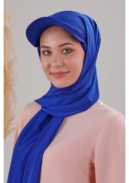 Kadın Tesettür Şapkalı Boneli Hazır Şal Saks Mavisi