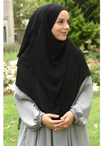 Kadın Tesettür Sufle Khimar Peçeli Üç Katlı Şifon Şal Siyah