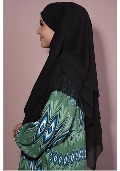 Kadın Tesettür Sufle Khimar Peçeli Üç Katlı Şifon Şal Siyah fiyatları