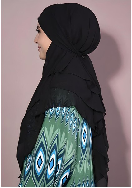 Kadın Tesettür Sufle Khimar Peçeli Üç Katlı Şifon Şal Siyah modelleri