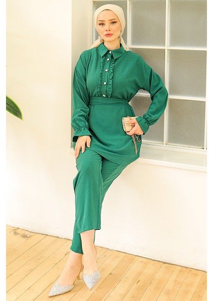 Fırfır Yaka Tunik Pantolon Ikili Takım 930 - Yeşil