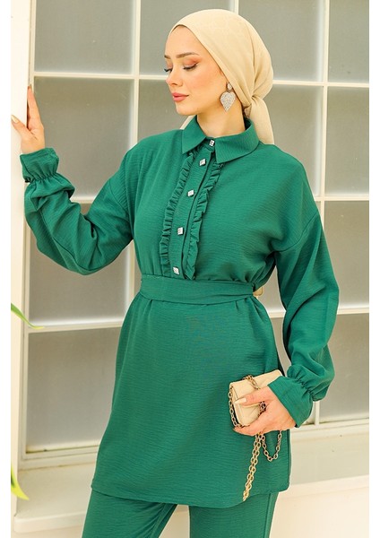Fırfır Yaka Tunik Pantolon Ikili Takım 930 - Yeşil