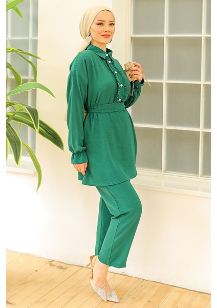 Fırfır Yaka Tunik Pantolon Ikili Takım 930 - Yeşil