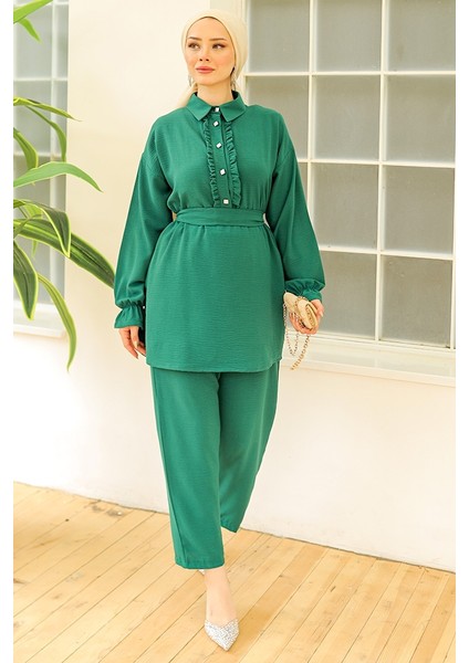 Fırfır Yaka Tunik Pantolon Ikili Takım 930 - Yeşil