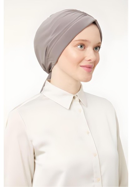 Kadın Tesettür Dubai Arkadan Bağlamalı Bone Şal Vizon