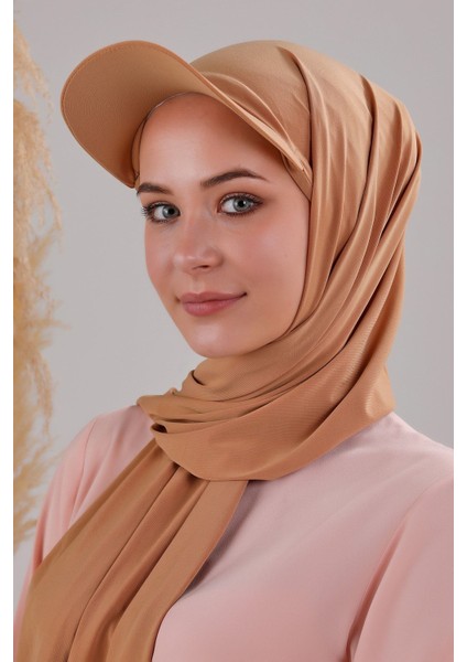 Kadın Tesettür Şapkalı Boneli Hazır Şal Bal Rengi