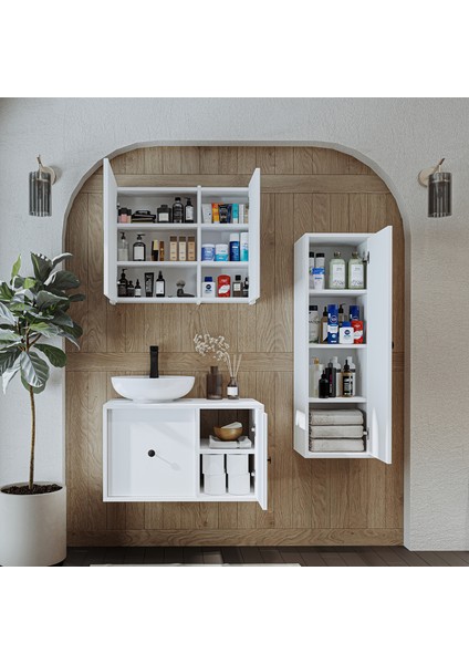 Lavabolu Mdf 75 cm Çekmeceli Gusto Banyo Dolabı + Aynalı Üst Dolabı + Boy Dolabı