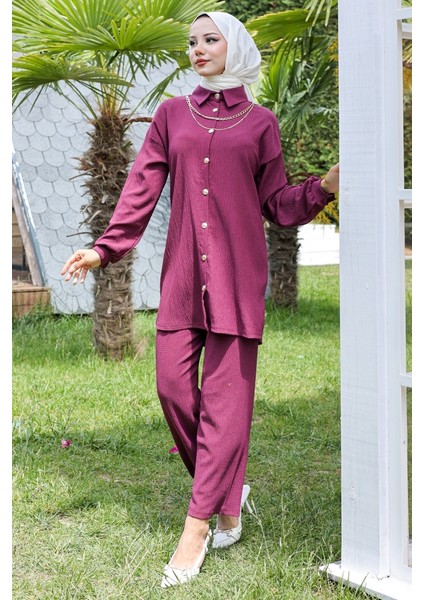 Kolyeli Bürümcük Tunik Pantolon Ikili Takım 927 - Mürdüm