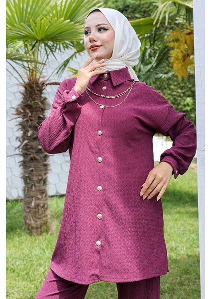 Kolyeli Bürümcük Tunik Pantolon Ikili Takım 927 - Mürdüm