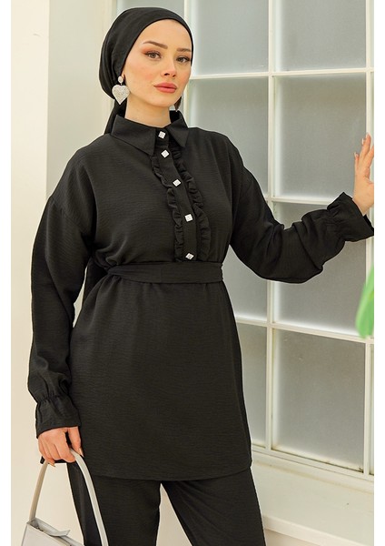 Fırfır Yaka Tunik Pantolon Ikili Takım 930 - Siyah