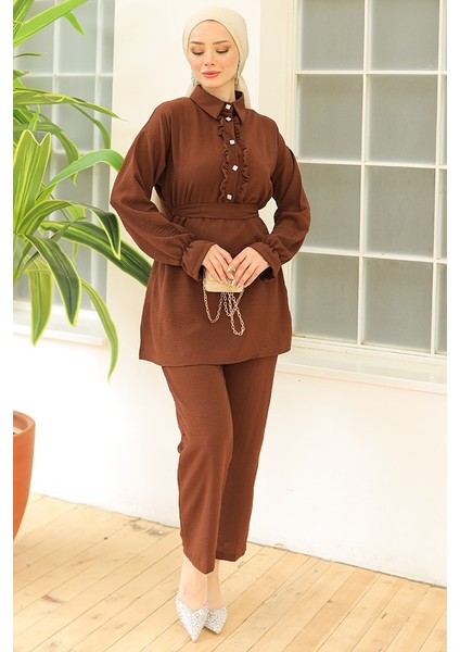 Fırfır Yaka Tunik Pantolon Ikili Takım 930 - Kahve