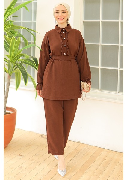 Fırfır Yaka Tunik Pantolon Ikili Takım 930 - Kahve