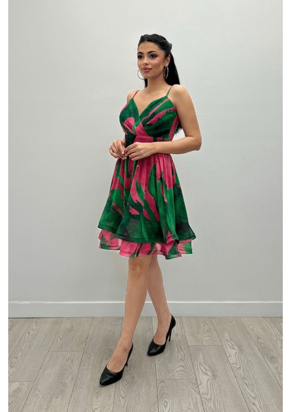 Organze Sifon Kumaş Desenli Mini Elbise - Yeşil fiyatları