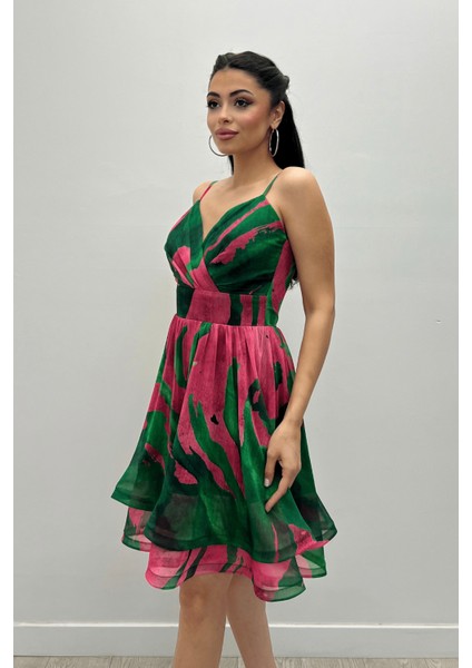 Organze Sifon Kumaş Desenli Mini Elbise - Yeşil modelleri