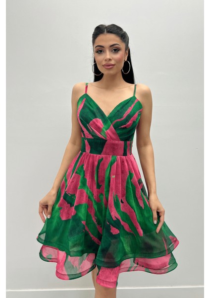 Organze Sifon Kumaş Desenli Mini Elbise - Yeşil fırsatları