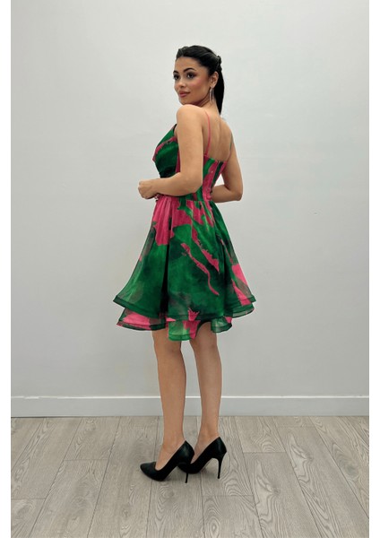 Organze Sifon Kumaş Desenli Mini Elbise - Yeşil indirimleri