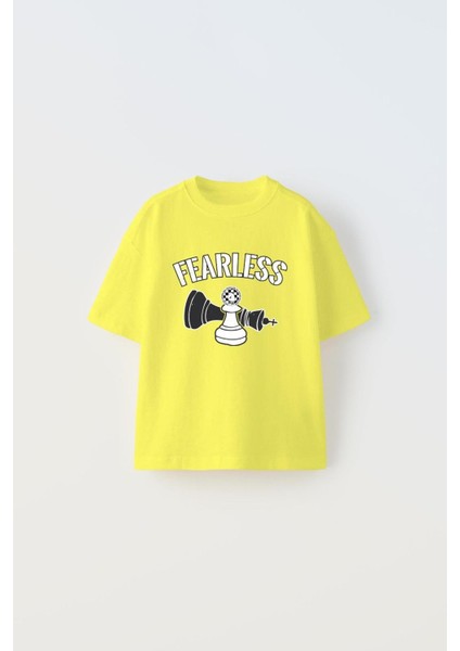 The Champ Fearless Yazılı Satranç Tasarım Baskılı Sarı Erkek Çocuk T-Shirt