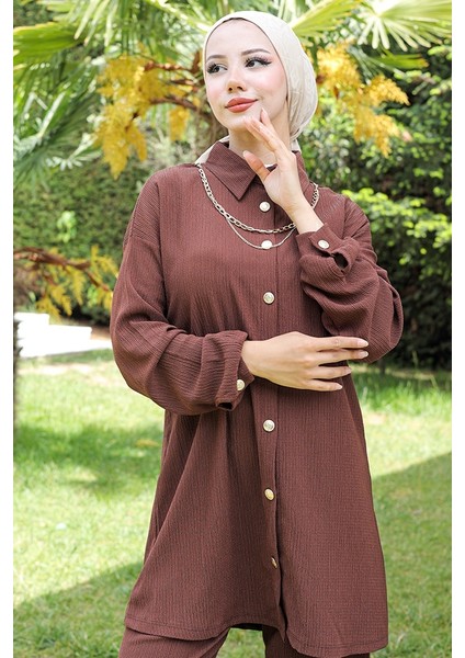 Kolyeli Bürümcük Tunik Pantolon Ikili Takım 927 - Kahve