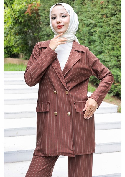 Çizgili Ceket Pantolon Ikili Takım 928 - Kahve fırsatları