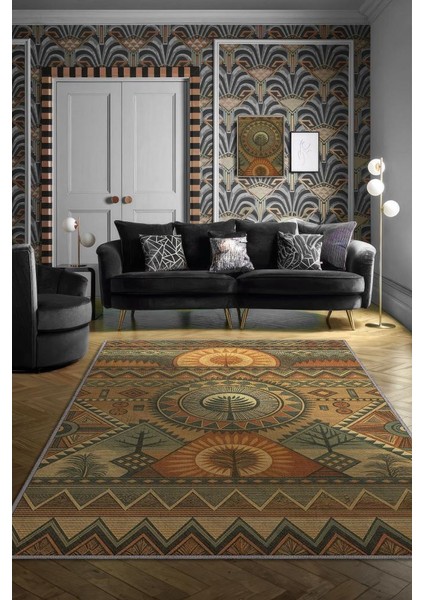 Art Deko Vintage Afrikalı Temalı Çok Renkli Etnik Halı Geometrik Desenli Afrika Halısı