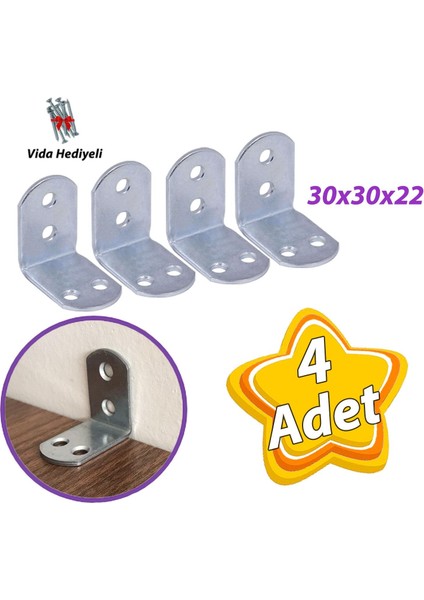 4 Adet Mobilya Eşya Dolap Duvar Sabitleyici Köşe Bağlantı L Demir Gönye Deprem Güvenliği 30 x 30 x 22 mm