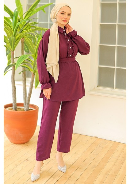 Fırfır Yaka Tunik Pantolon Ikili Takım 930 - Mürdüm