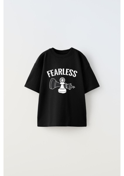 The Champ Fearless Yazılı Satranç Tasarım Baskılı Siyah Erkek Çocuk T-Shirt
