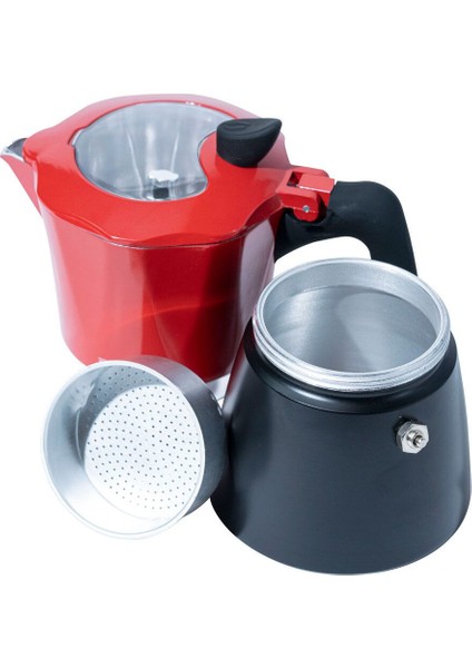 Tekno Trust 200 + ml Kahve Potu Moka Pot 300 ml 6 Cup Çift Filtre Sistemi Kırmızı Paslanmaz Çelik