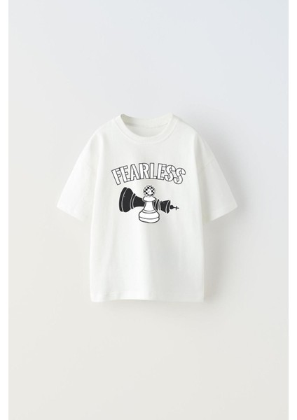 The Champ Fearless Yazılı Satranç Tasarım Baskılı Beyaz Erkek Çocuk T-Shirt