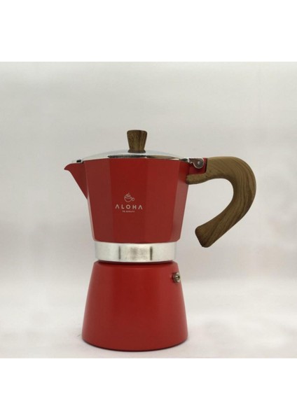 Tekno Trust Kırmızı Ahşap Kulplu 6 Cups Moka Pot - Moka Pot 6 Cups-Moka Pot Kırmızı 100-199 ml Alüminyum