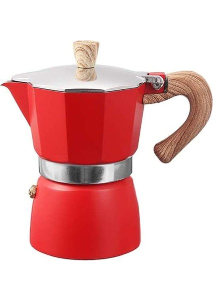 Tekno Trust Kırmızı Ahşap Kulplu 6 Cups Moka Pot - Moka Pot 6 Cups-Moka Pot Kırmızı 100-199 ml Alüminyum