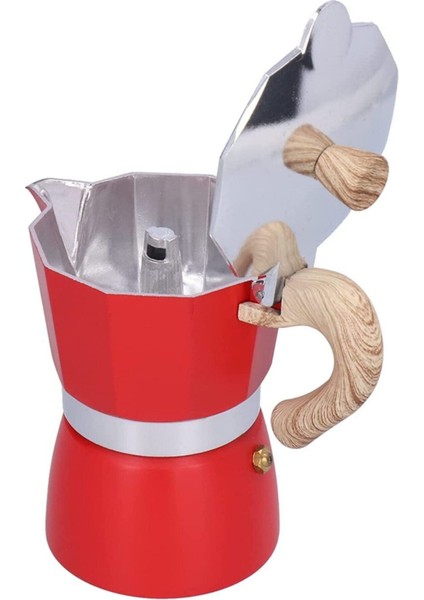 Tekno Trust Kırmızı Ahşap Kulplu 6 Cups Moka Pot - Moka Pot 6 Cups-Moka Pot Kırmızı 100-199 ml Alüminyum