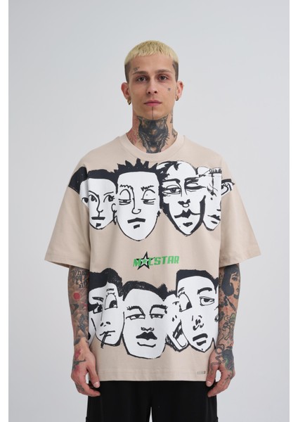 Erkek Macstar Heads Oversize Açık Bej Tişört fiyatları
