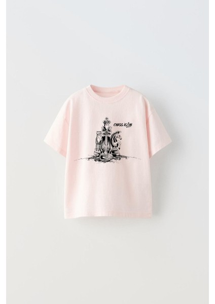The Champ Life Is Life Yazılı Satranç Tasarım Baskılı Pembe Erkek Çocuk T-Shirt
