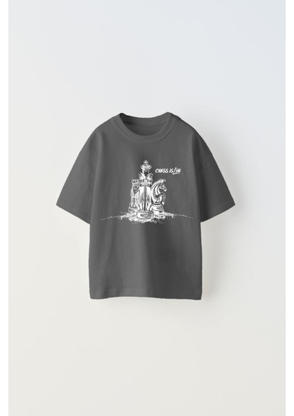 The Champ Life Is Life Yazılı Satranç Tasarım Baskılı Füme Erkek Çocuk T-Shirt