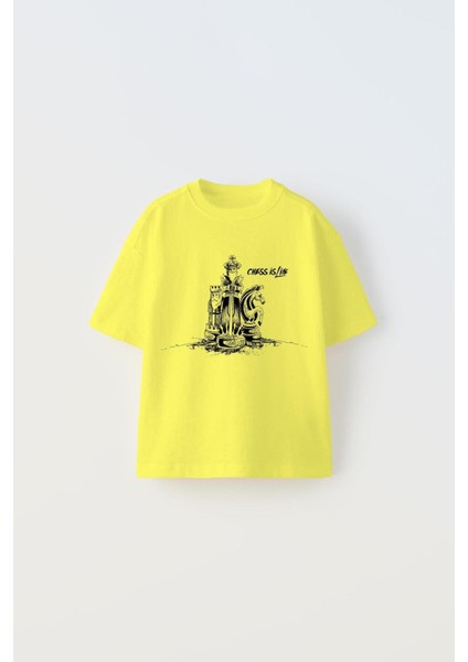 The Champ Life Is Life Yazılı Satranç Tasarım Baskılı Sarı Erkek Çocuk T-Shirt