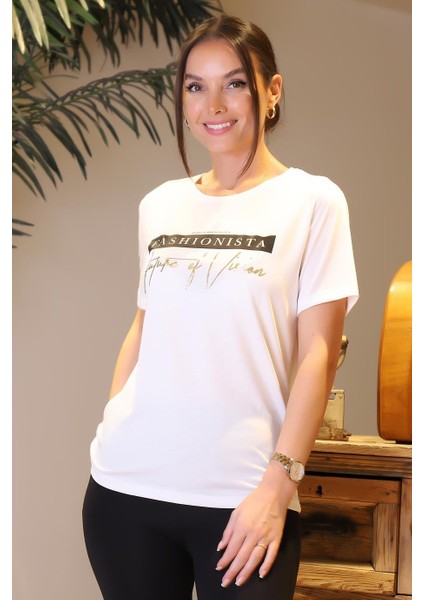 Kısa Kollu Yazı Baskılı Beyaz Kadın T-Shirt 0716-2Y4