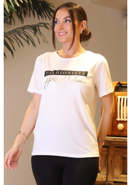Kısa Kollu Yazı Baskılı Beyaz Kadın T-Shirt 0716-2Y4 fiyatları