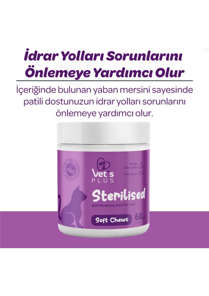 Vet's Plus Sterilised Çiğnenebilir Tablet 60'lı (Kısır Kediler için Yaban Mersinli Urinary Destek)