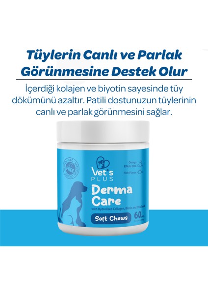 Vet's Plus Derma Care Çiğnenebilir Tablet 60'lı (Kedi ve Köpekler için Deri ve Tüy Sağlığı Destekleyici)