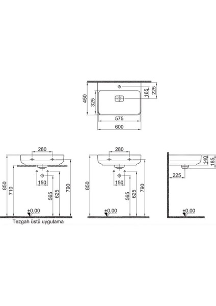 Zero 2.0 60 x 45 cm Armatür Bantlı Dikdörtgen Tezgah Üzeri Lavabo