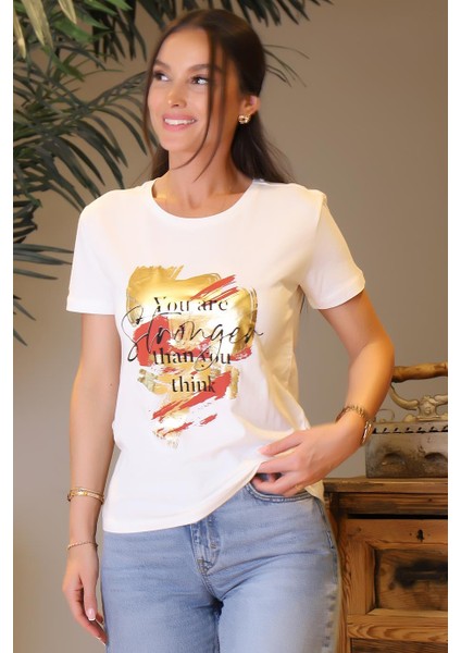 Kısa Kollu Sıfır Yaka Baskılı Beyaz Kadın T-Shirt 4SAK50166EK-2Y4