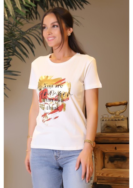 Kısa Kollu Sıfır Yaka Baskılı Beyaz Kadın T-Shirt 4SAK50166EK-2Y4 modelleri