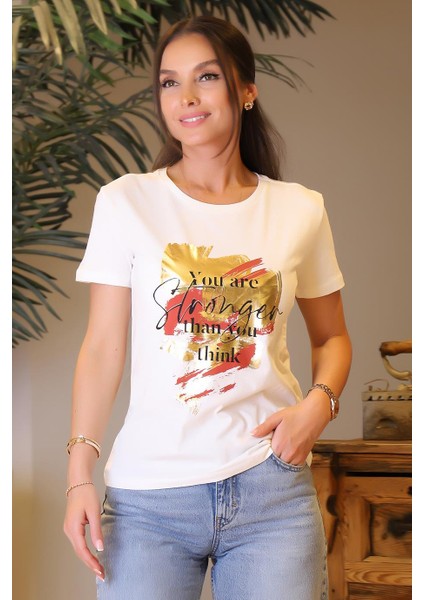 Kısa Kollu Sıfır Yaka Baskılı Beyaz Kadın T-Shirt 4SAK50166EK-2Y4 fırsatları