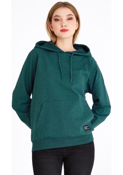 Kadın Yeşil Basic Kapüşonlu Regular Fit Rahat Sweatshirt
