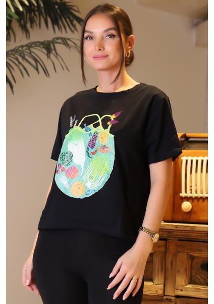 Siyah Kısa Kollu Kadın T-Shirt 28413-2Y4