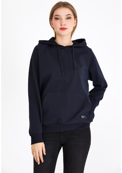 Kadın Lacivert Basic Kapüşonlu Regular Fit Rahat Sweatshirt