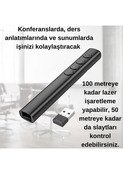 100MT Mesafeli USB Girişli Pilli Rf2.4ghz Projeksiyon Sunum Kumandası Kırmızı Lazer Işaretçili